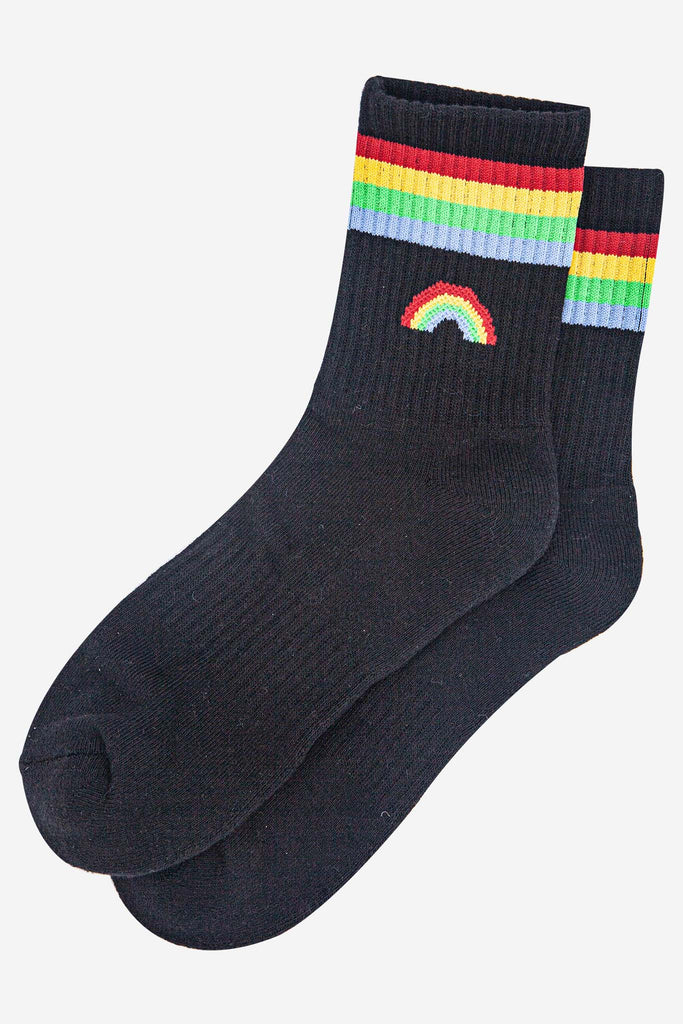 womens-sporty-socks-black-rainbow-laying-flat