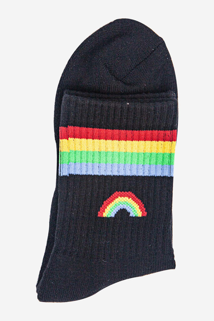 womens-sporty-socks-black-rainbow-colourful-stripes