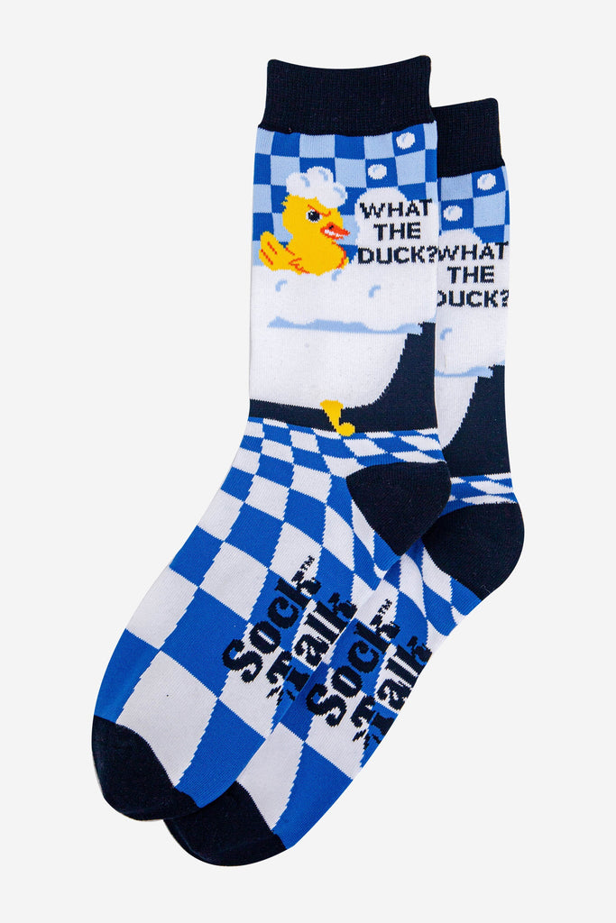 mens-combed-cotton-crew-socks-blue-what-the-duck-laying-flat