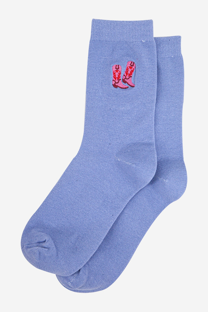 womens-embroidered-ankle-socks-light-blue-cowboy-boots-laying-flat
