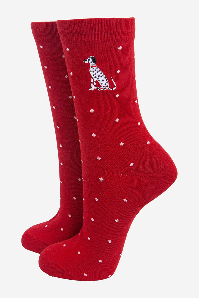 womens-embroidered-ankle-socks-red-dalmatian-polka-dot-dogs