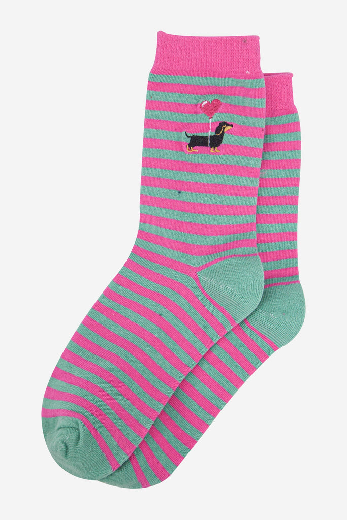 womens-embroidered-ankle-socks-pink-sausage-dog-stripe-laying-flat