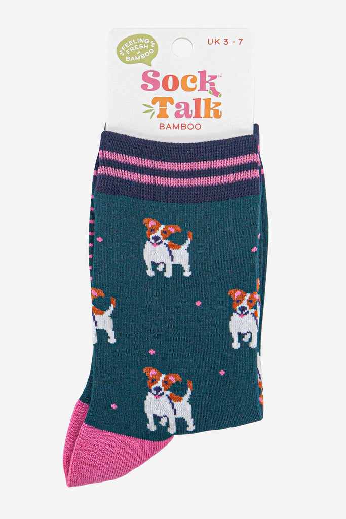 womens-bamboo-socks-forest-green-navy-blue-jack-russell-terriers-in-sock-talk-packaging