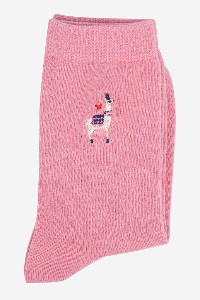 womens-embroidered-ankle-socks-pink-llama-folded