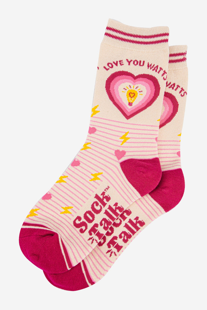 womens-combed-cotton-ankle-socks-cream-pink-love-you-watts-laying-flat