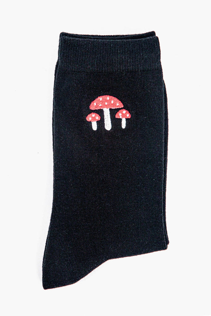 womens-embroidered-ankle-socks-black-toadstools-folded