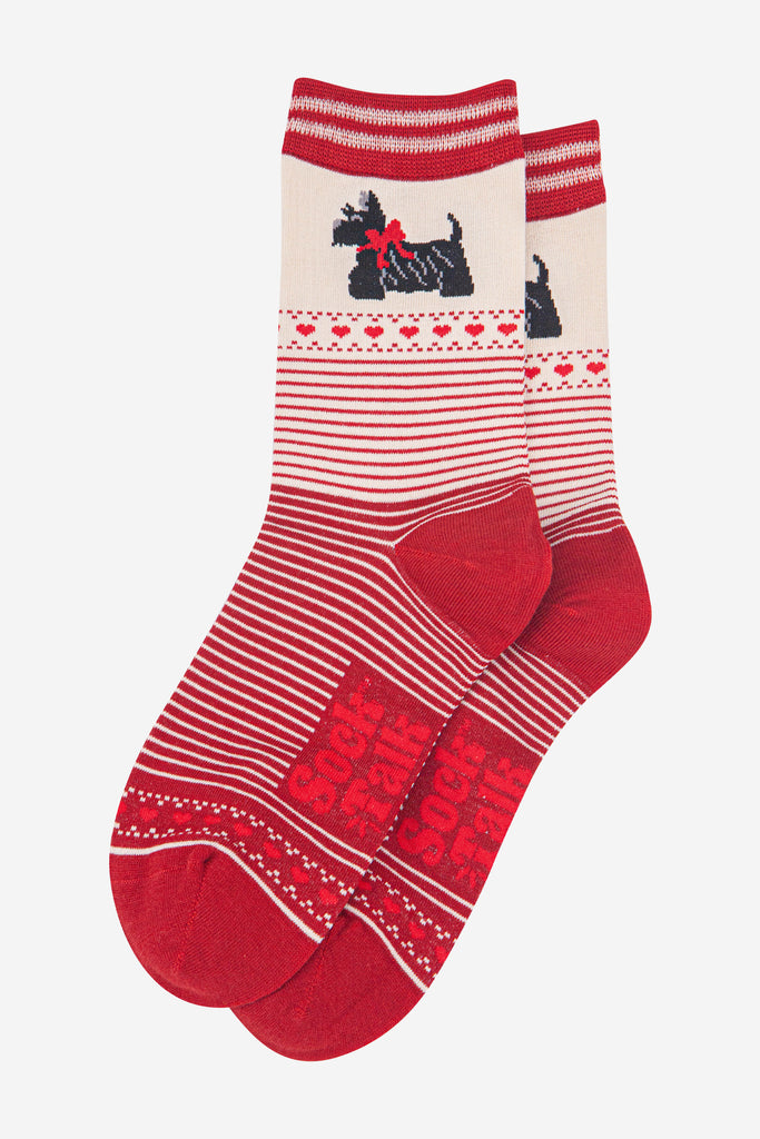womens-bamboo-socks-cream-red-scottish-terriers-stripes-laying-flat