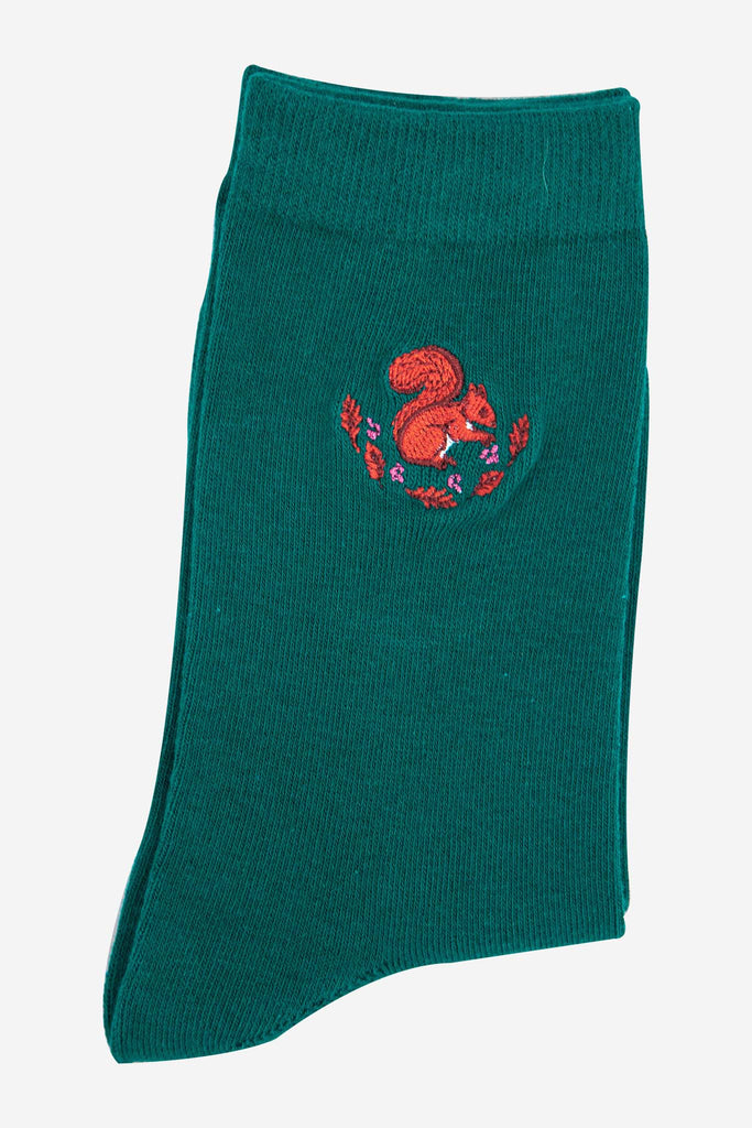 womens-embroidered-ankle-socks-forest-green-squirrel-folded