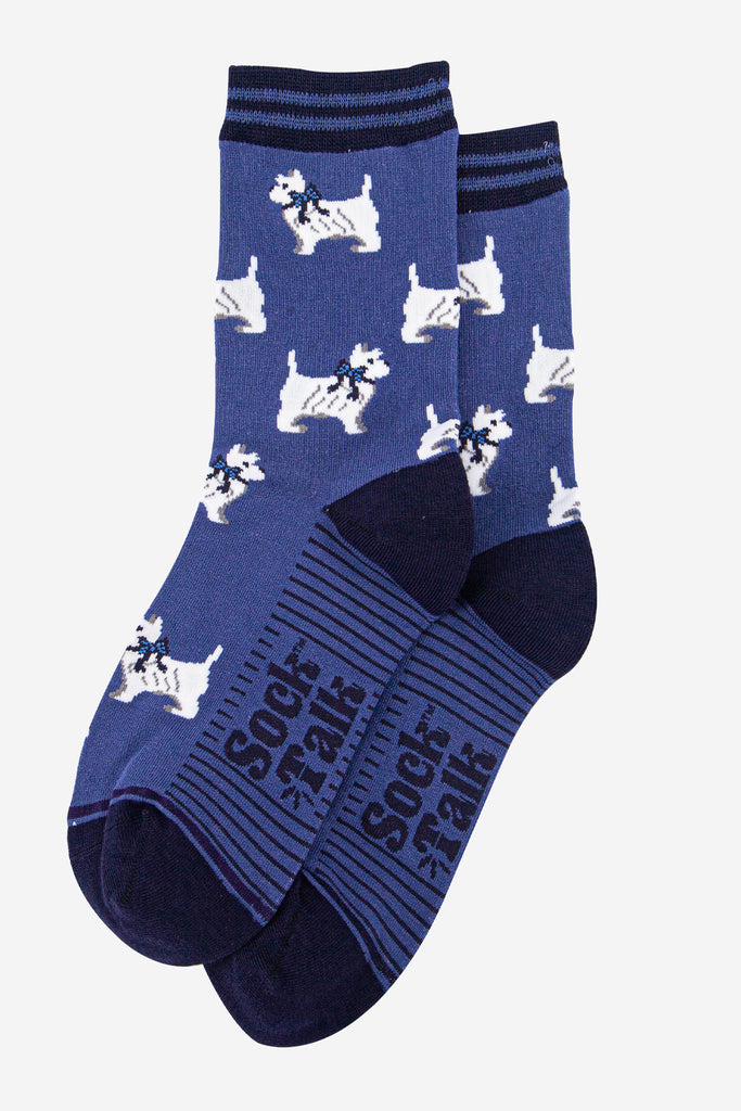 womens-bamboo-socks-denim-blue-navy-blue-west-highland-terrier-laying-flat