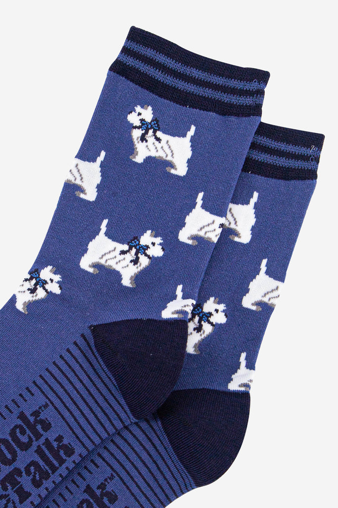 womens-bamboo-socks-denim-blue-navy-blue-west-highland-terrier-close-up