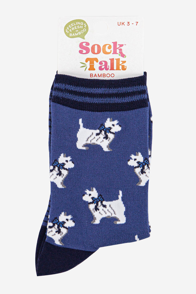 womens-bamboo-socks-denim-blue-navy-blue-west-highland-terrier-in-sock-talk-packaging
