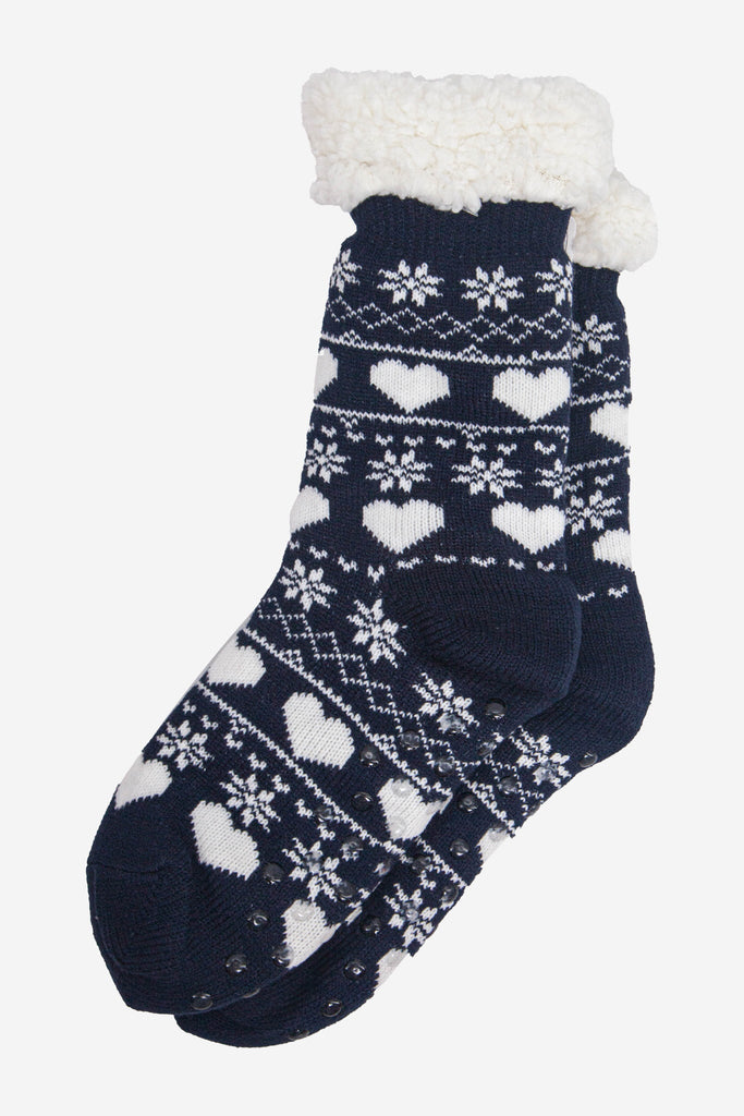 womens-long-slipper-socks-navy-fair-isle-laying-flat
