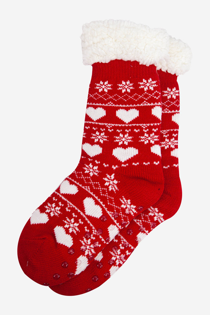 womens-long-slipper-socks-red-fair-isle-laying-flat