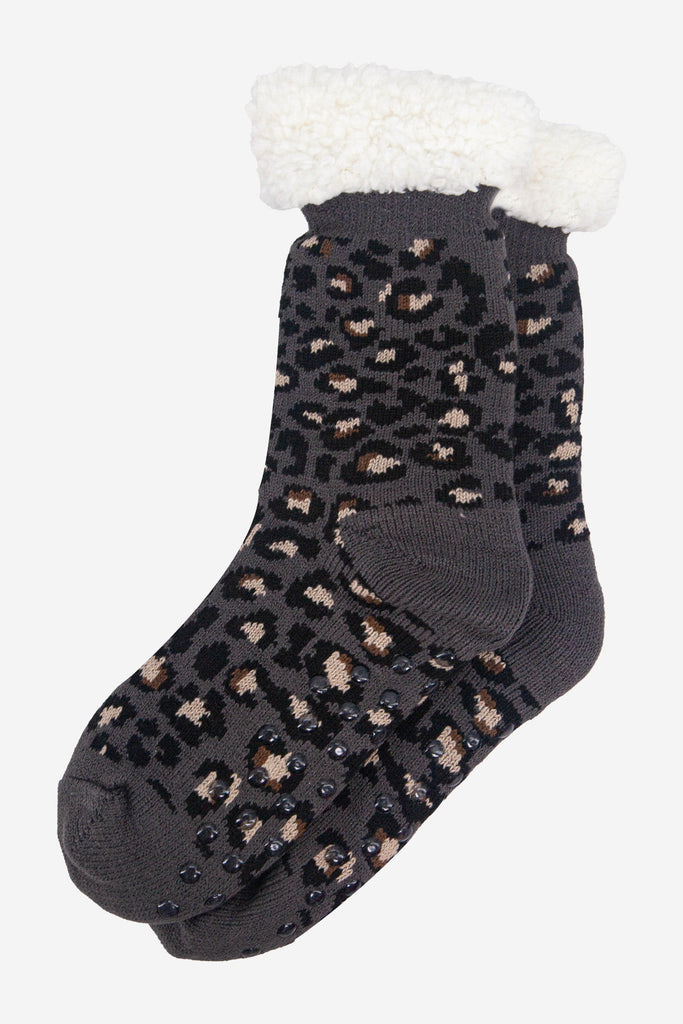womens-long-slipper-socks-dark-grey-leopard-laying-flat-grip-soles