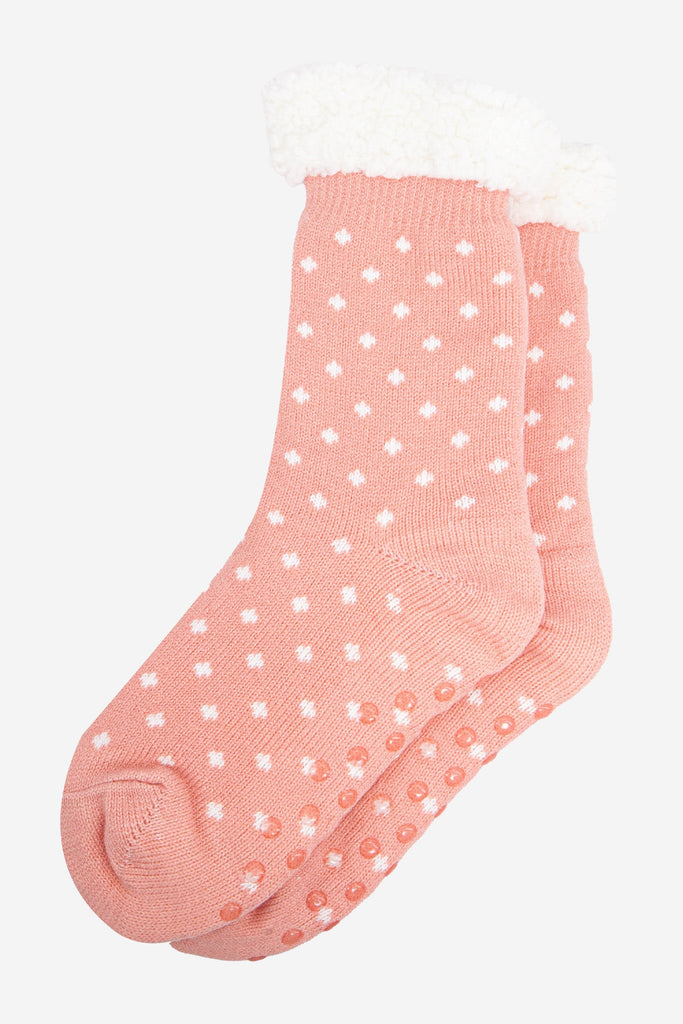 womens-long-slipper-socks-pink-spot-laying-flat-grip-soles