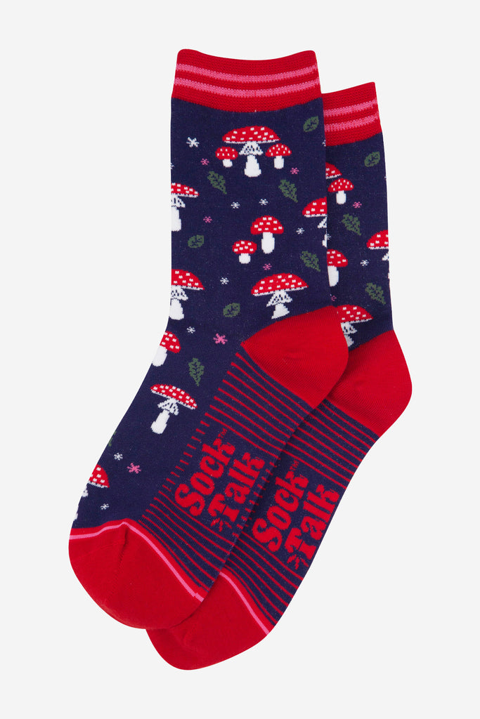 womens-bamboo-socks-navy-blue-red-toadstools-laying-flat