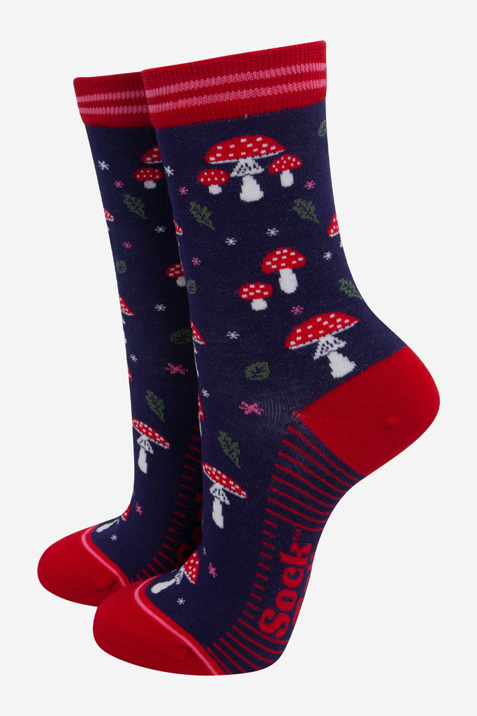 womens-bamboo-socks-navy-blue-red-toadstools-woodlands