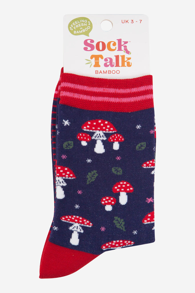 womens-bamboo-socks-navy-blue-red-toadstools-in-sock-talk-packaging