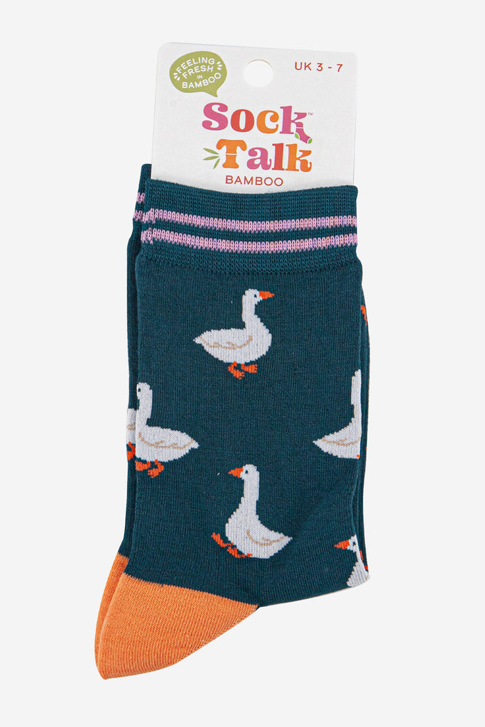 womens-bamboo-socks-forest-green-pink-silly-goose-in-sock-talk-packaging