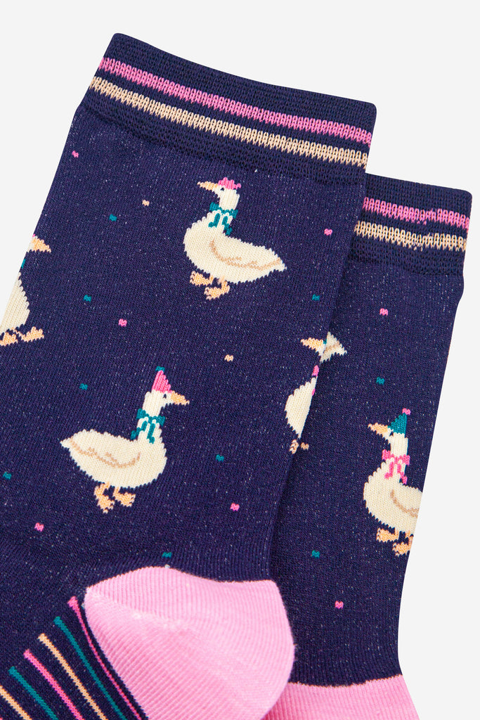 womens-bamboo-socks-navy-blue-teal-silly-goose-close-up