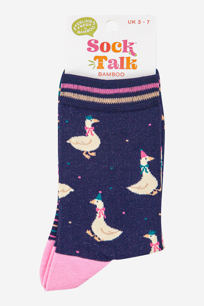 womens-bamboo-socks-navy-blue-teal-silly-goose-in-sock-talk-packaging