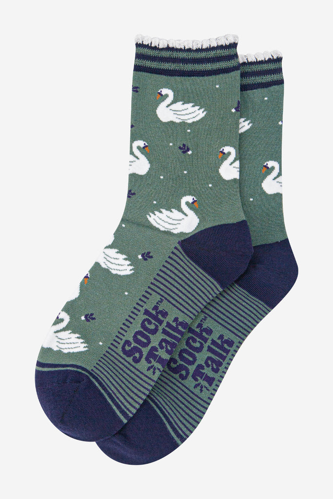 womens-bamboo-socks-sage-green-navy-blue-swans-laying-flat