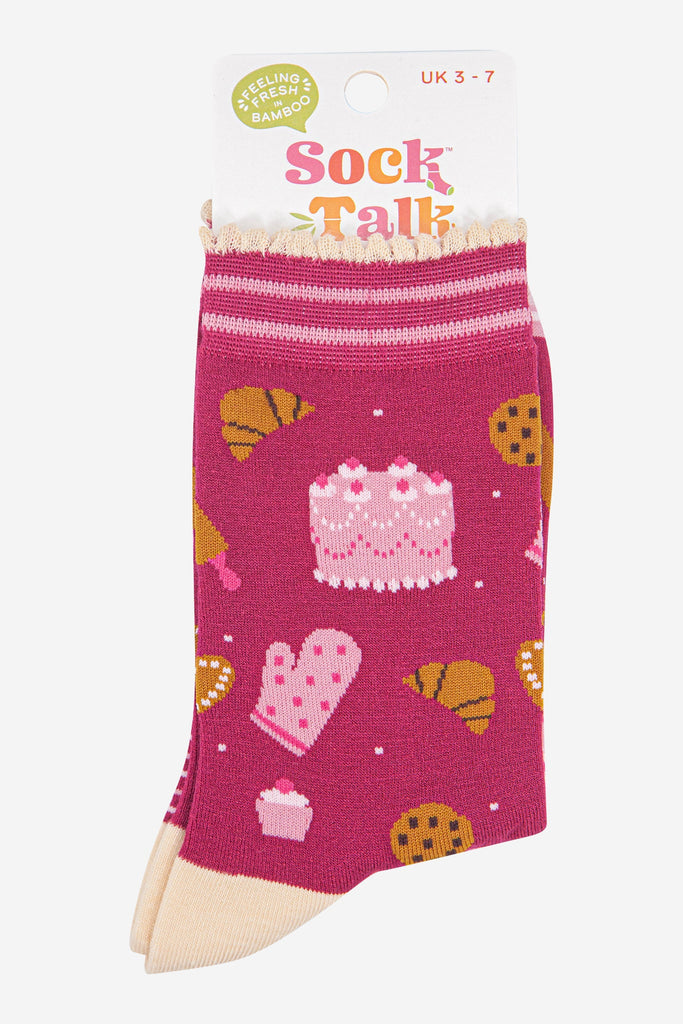 womens-bamboo-socks-raspberry-light-pink-baking-in-sock-talk-packaging