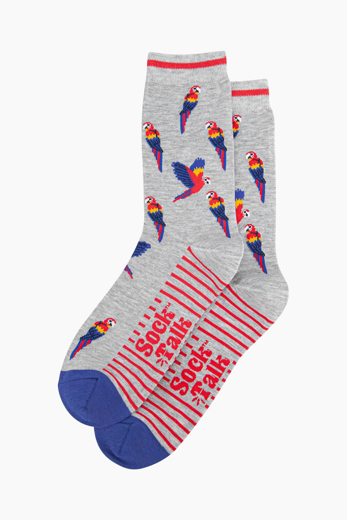 mens-bamboo-socks-grey-macaw-parrot-laying-flat