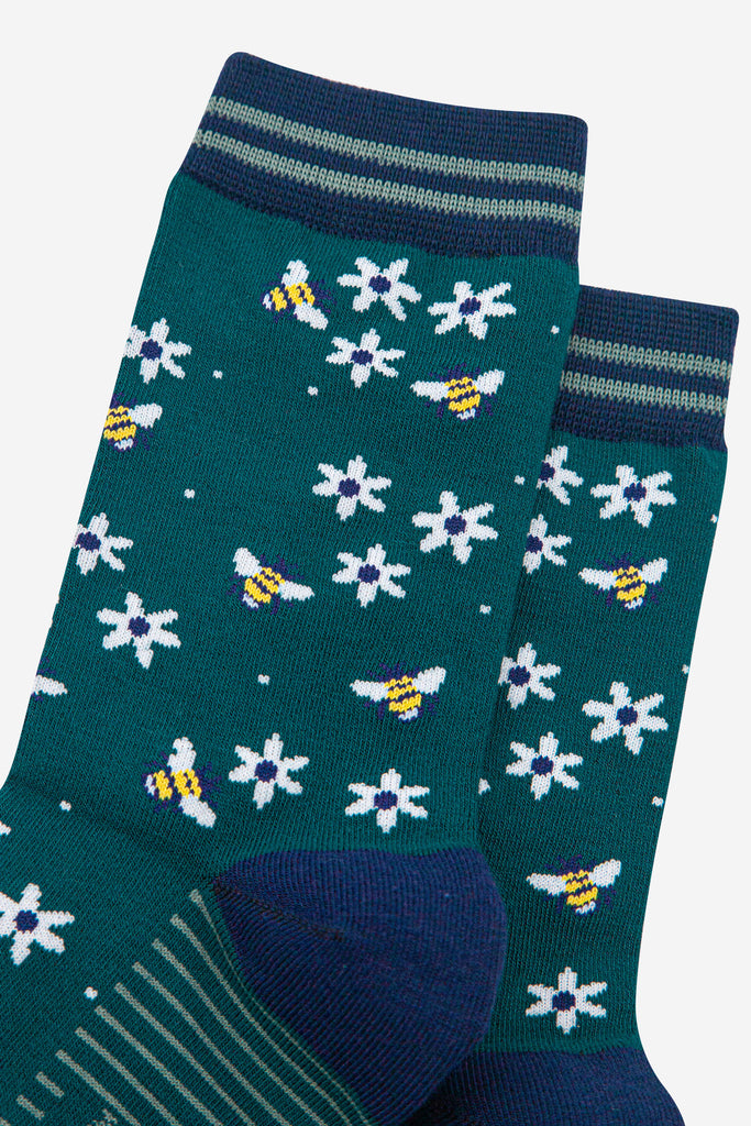 womens-bamboo-socks-forest-green-navy-blue-bee-and-flowers-close-up