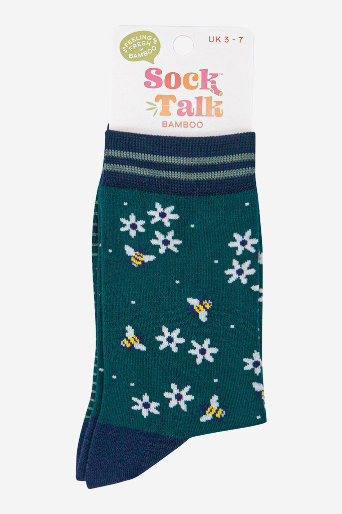 womens-bamboo-socks-forest-green-navy-blue-bee-and-flowers-in-sock-talk-packaging