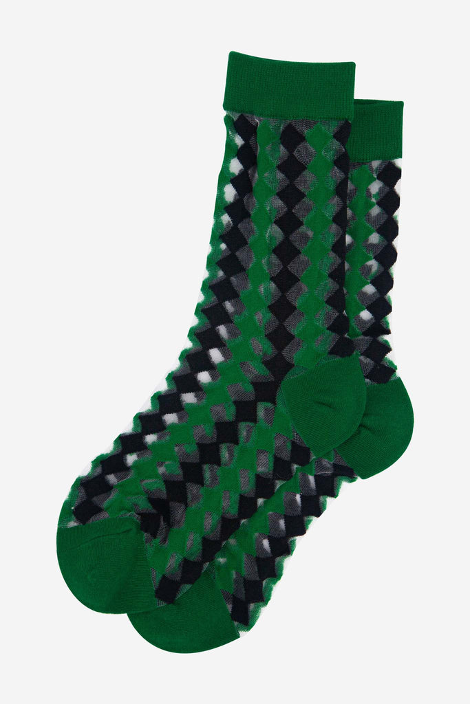 womens-sheer-ankle-socks-green-black-diamond-laying-flat