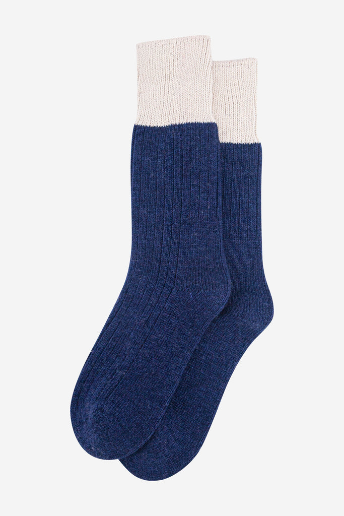 womens-mid-calf-socks-navy-blue-cream-colour-block-laying-flat