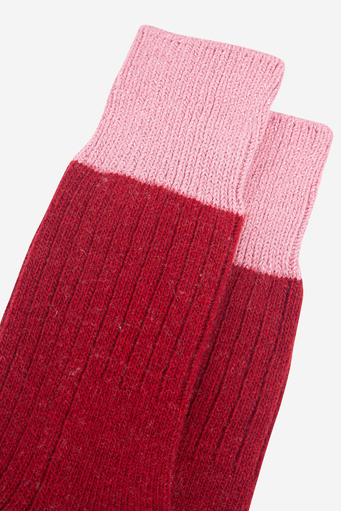womens-mid-calf-socks-red-pink-colour-block-close-up-glitter-cuffs