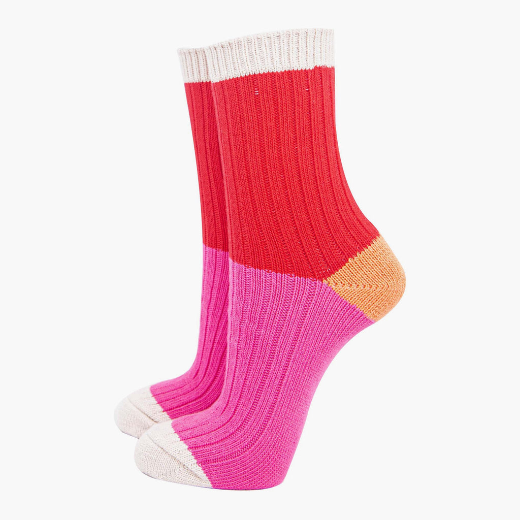 womens-mid-calf-socks-red-pink-colour-block-1-subtle-glitter-cuff