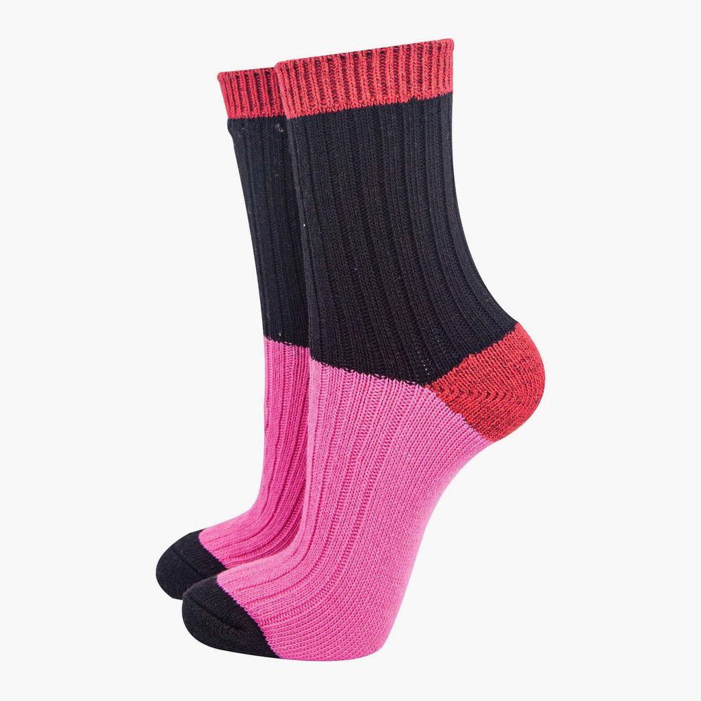 womens-mid-calf-socks-black-pink-colour-block-subtle-glitter-accents