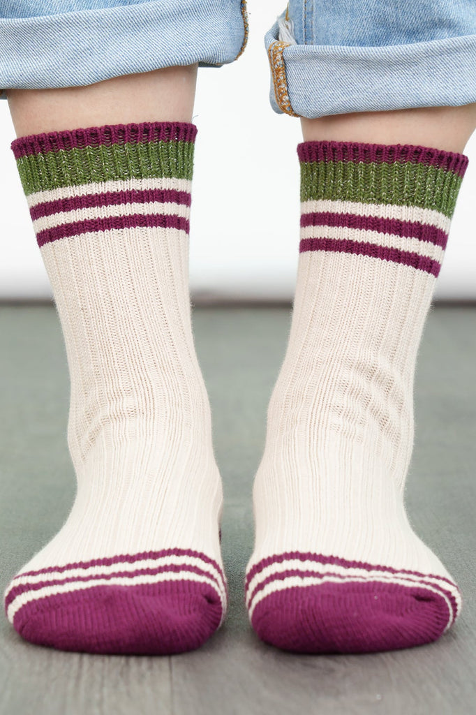 womens-mid-calf-socks-cream-khaki-striped-cuff-ribbed-cotton