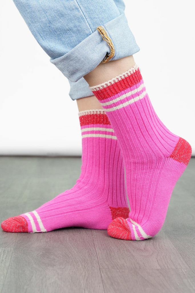 womens-mid-calf-socks-pink-red-striped-cuff-thick-ribbed-cotton