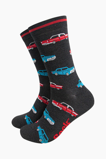 mens-bamboo-socks-black-american-classic-cars-pattern-red-blue-vintage-vehicles