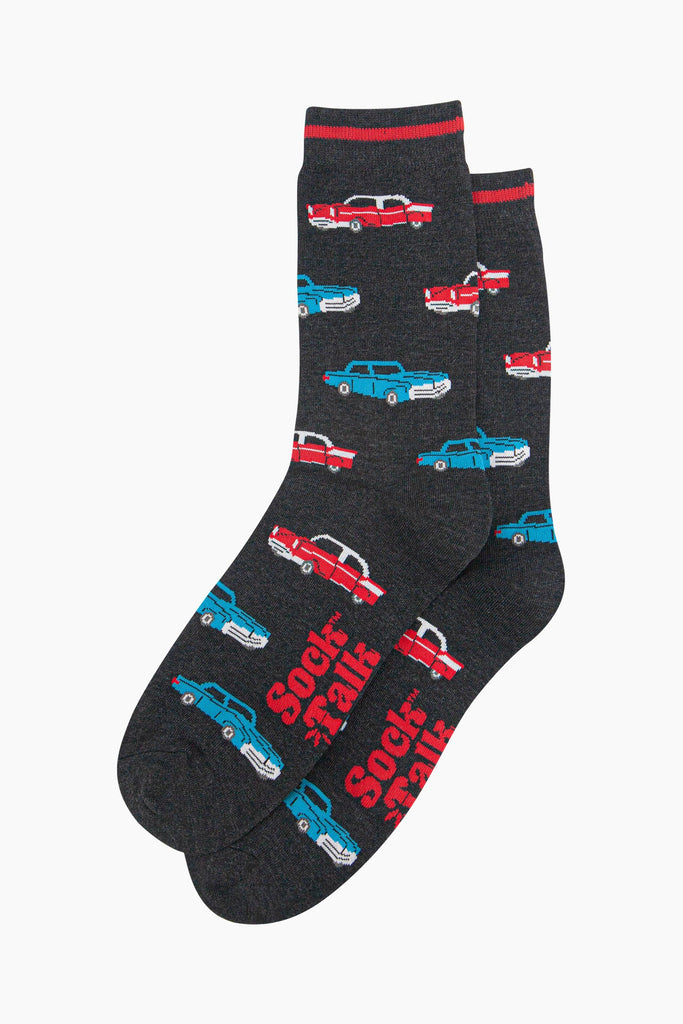 mens-bamboo-socks-black-american-classic-cars-laying-flat-repeat-car-pattern