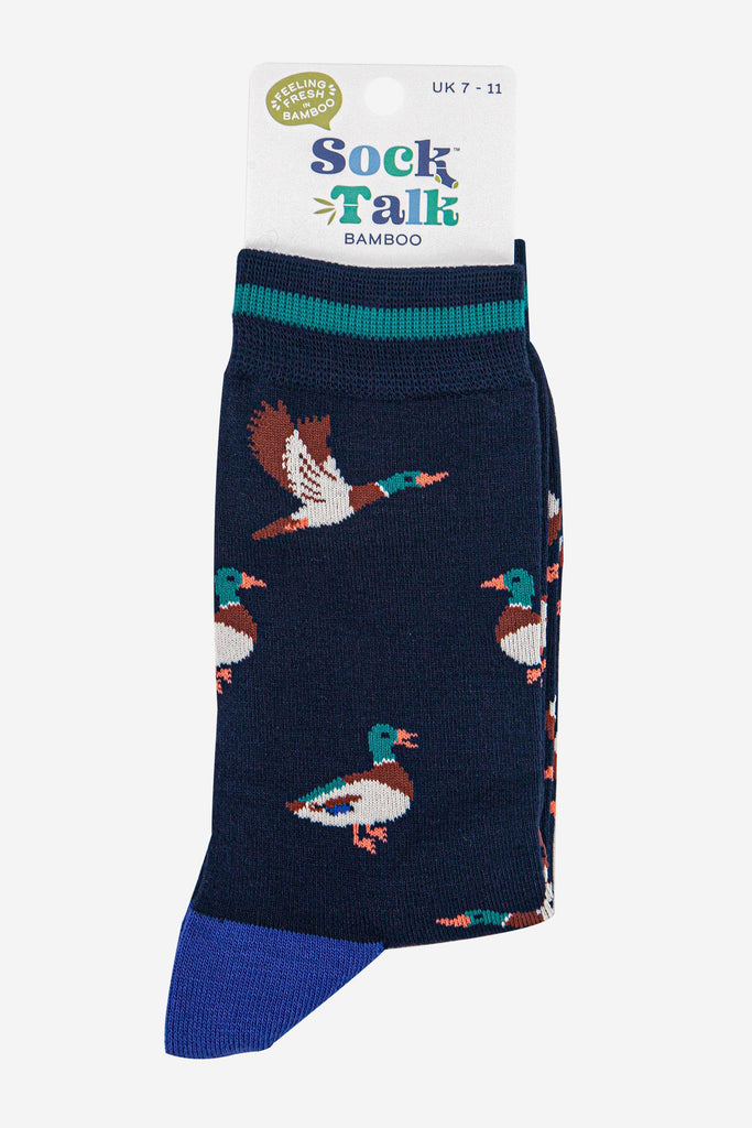 mens-bamboo-socks-navy-blue-royal-blue-mallard-duck-in-sock-talk-packaging