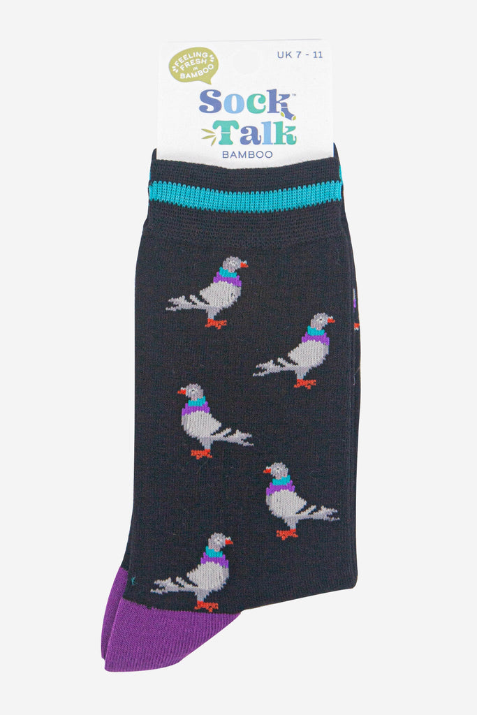 mens-bamboo-socks-black-purple-pigeon-in-sock-talk-packaging