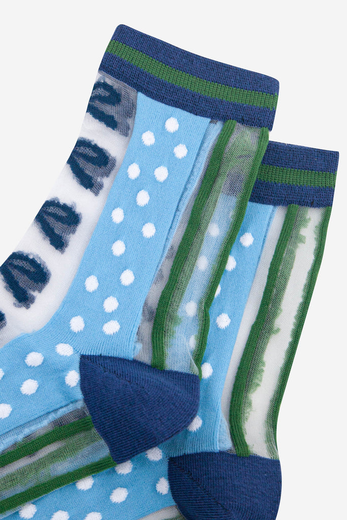womens-sheer-ankle-socks-blue-green-stripe-bow-see-through