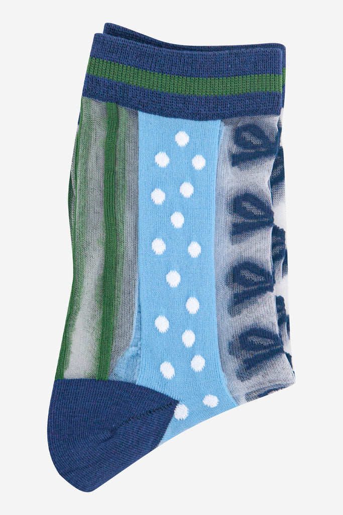 womens-sheer-ankle-socks-blue-green-stripe-bow-close-up