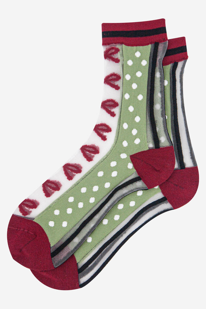 womens-sheer-ankle-socks-green-red-stripe-bow-laying-flat