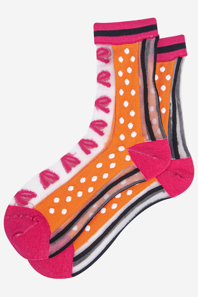 womens-sheer-ankle-socks-orange-hot-pink-stripe-bow-popsocks