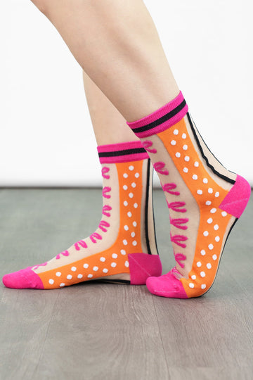 womens-sheer-ankle-socks-orange-hot-pink-stripe-bow-colourful