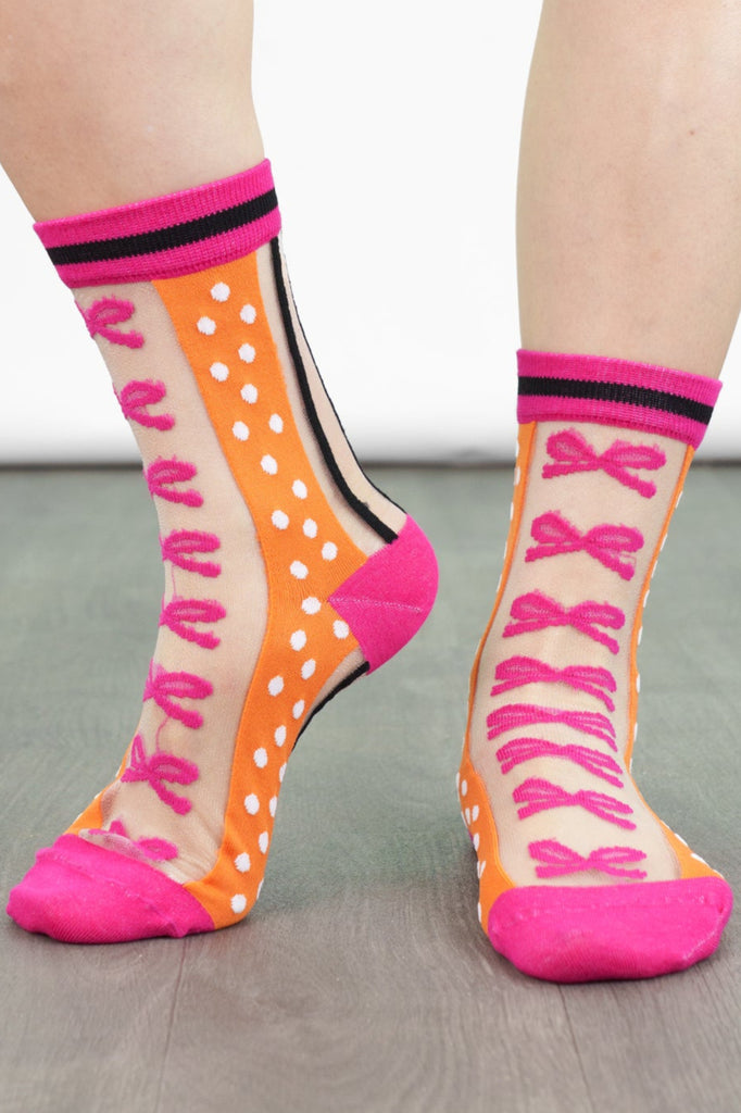 womens-sheer-ankle-socks-orange-hot-pink-stripe-bow-colourful