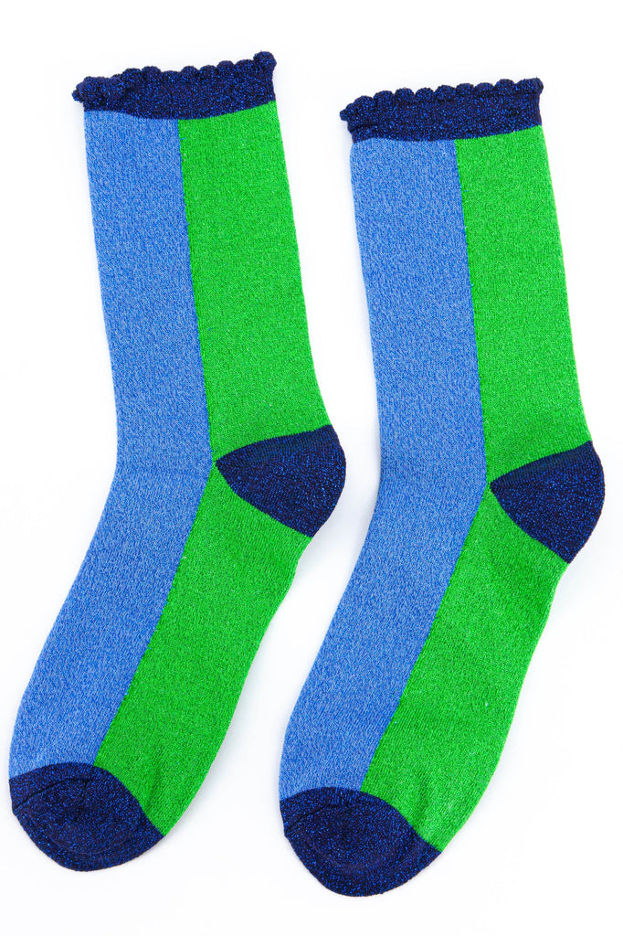 womens cotton glitter socks in blue and green with a scalloped cuff