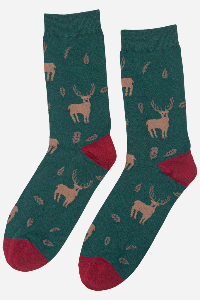 green socks with red toe and heel, all over stag pattern