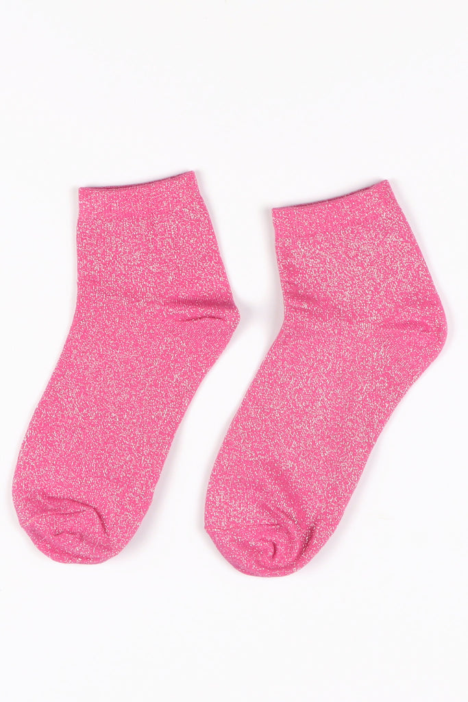 pink anklet socks laying flat, showing the all over glitter pattern